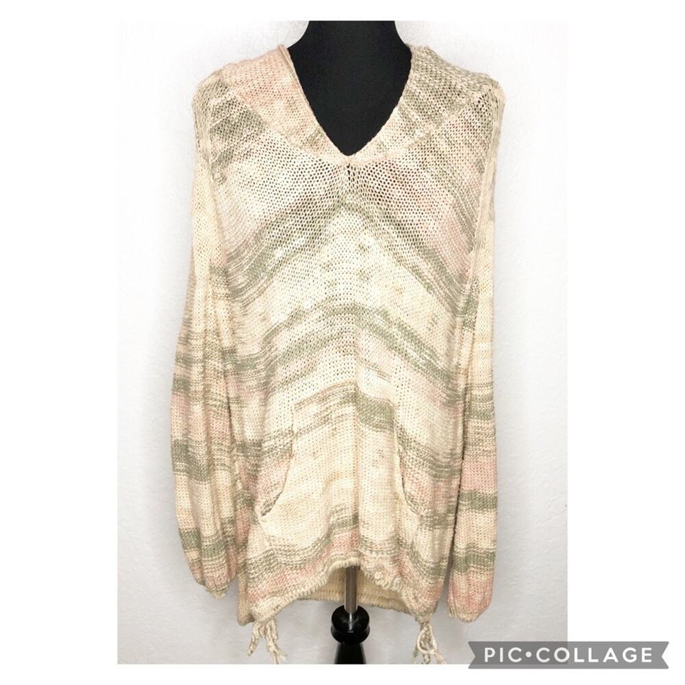 Free People pink cream green crochet linen blend knit hooded sweater size Small‎